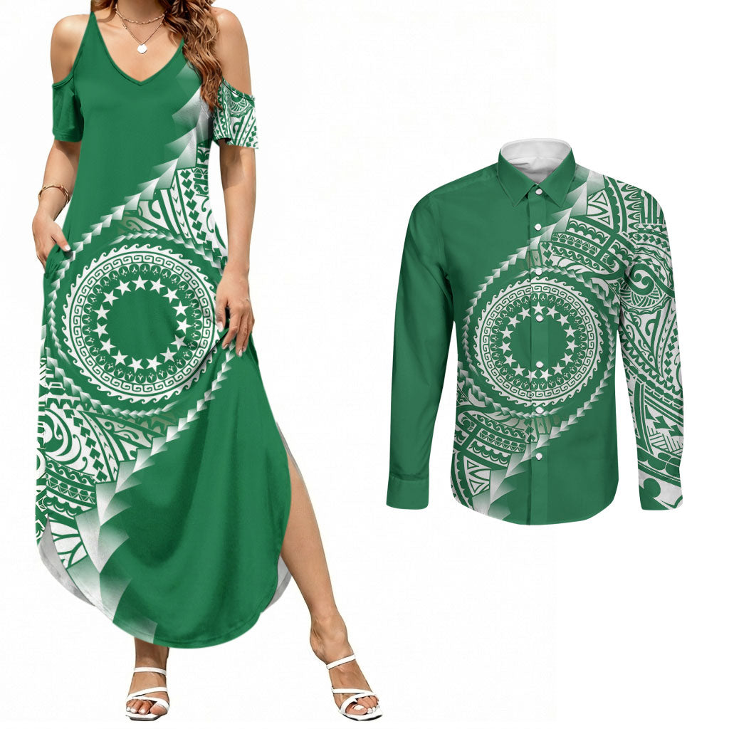 Cook Islands Gospel Day Couples Matching Summer Maxi Dress and Long Sleeve Button Shirt Green Tribal Curves