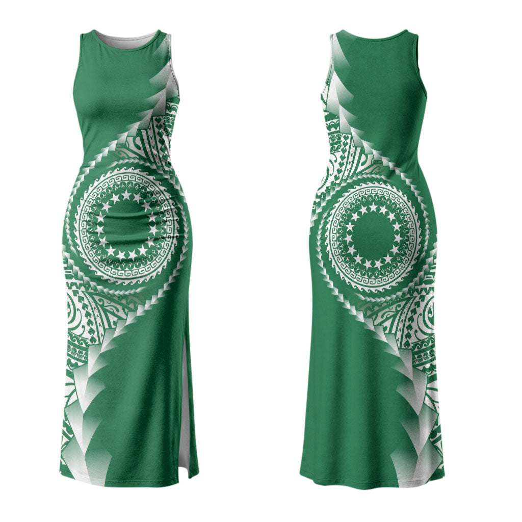 Cook Islands Gospel Day Couples Matching Tank Maxi Dress and Hawaiian Shirt Green Tribal Curves