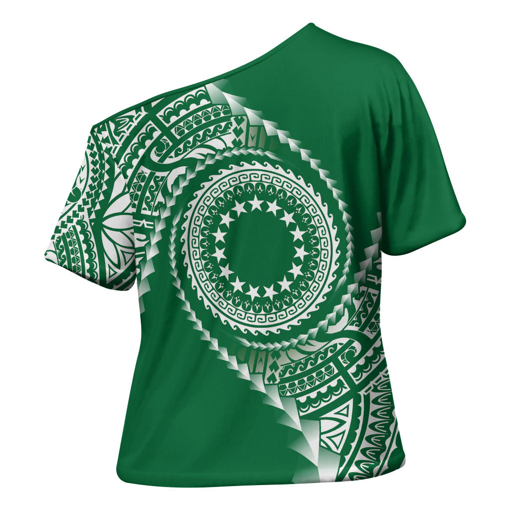 Cook Islands Gospel Day Cross Shoulder Shirt Green Tribal Curves