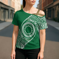 Cook Islands Gospel Day Cross Shoulder Shirt Green Tribal Curves