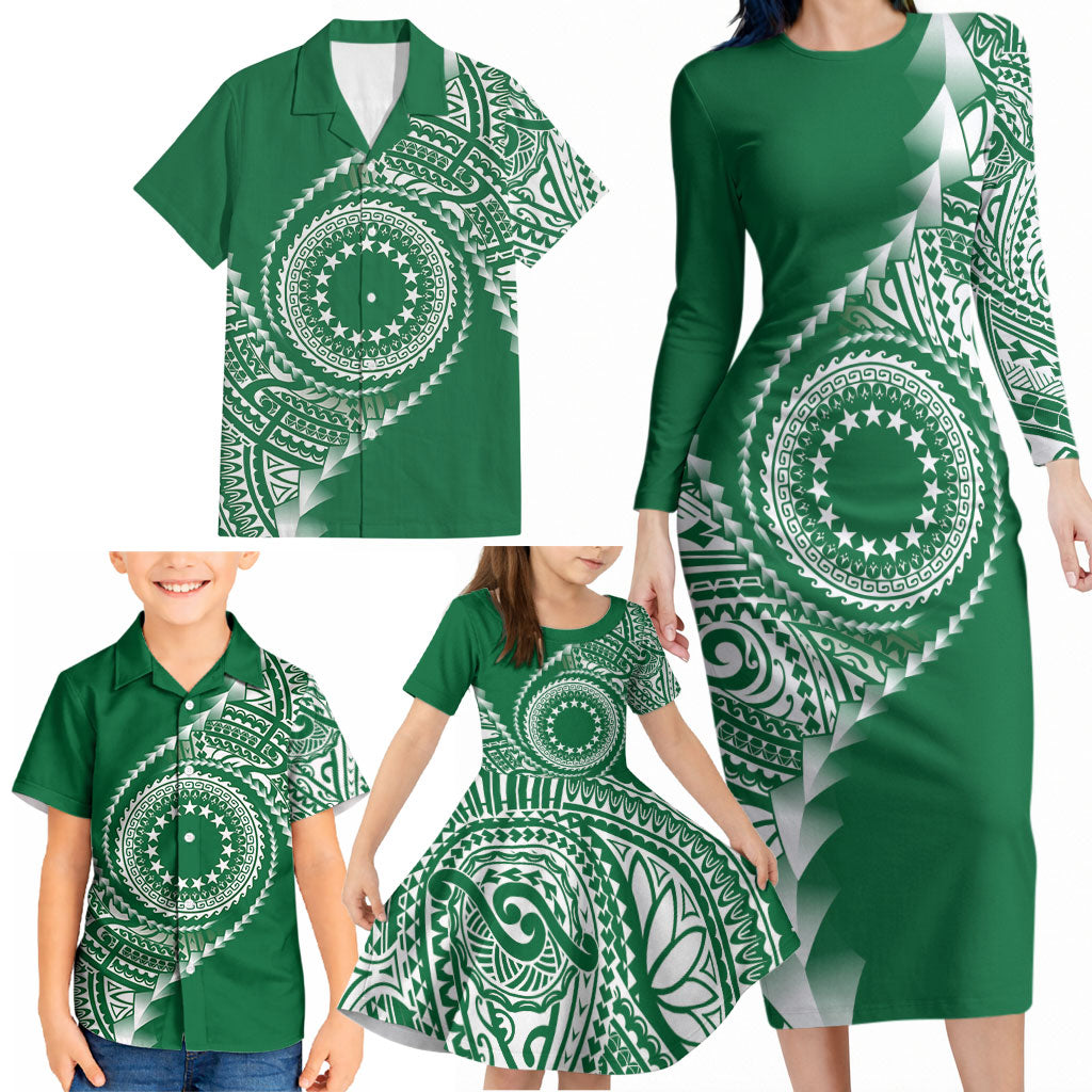 Cook Islands Gospel Day Family Matching Long Sleeve Bodycon Dress and Hawaiian Shirt Green Tribal Curves