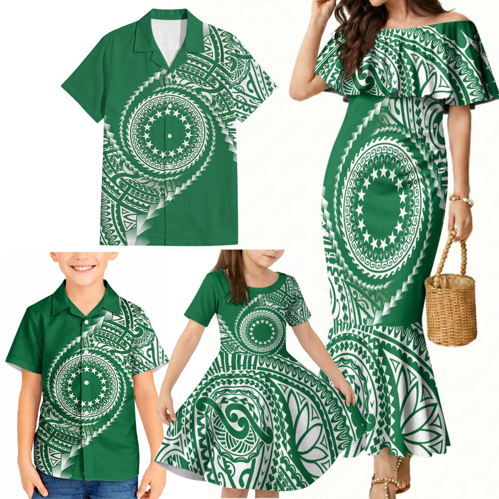 Cook Islands Gospel Day Family Matching Mermaid Dress and Hawaiian Shirt Green Tribal Curves