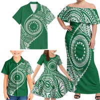 Cook Islands Gospel Day Family Matching Off Shoulder Maxi Dress and Hawaiian Shirt Green Tribal Curves