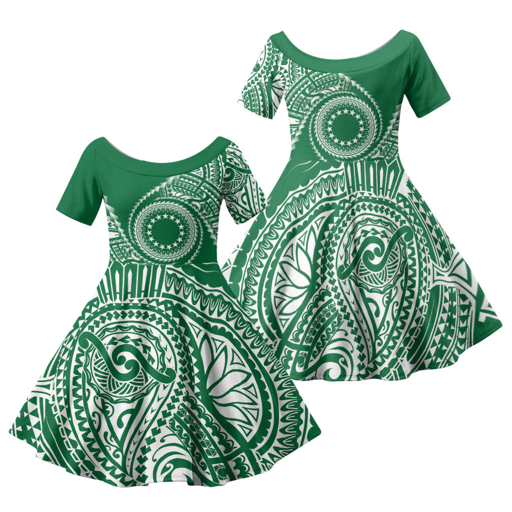 Cook Islands Gospel Day Family Matching Off Shoulder Maxi Dress and Hawaiian Shirt Green Tribal Curves