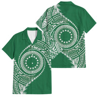 Cook Islands Gospel Day Family Matching Off Shoulder Short Dress and Hawaiian Shirt Green Tribal Curves