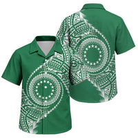 Cook Islands Gospel Day Family Matching Off Shoulder Short Dress and Hawaiian Shirt Green Tribal Curves