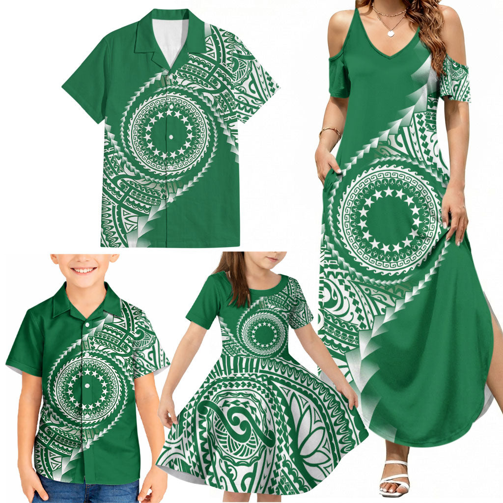 Cook Islands Gospel Day Family Matching Summer Maxi Dress and Hawaiian Shirt Green Tribal Curves