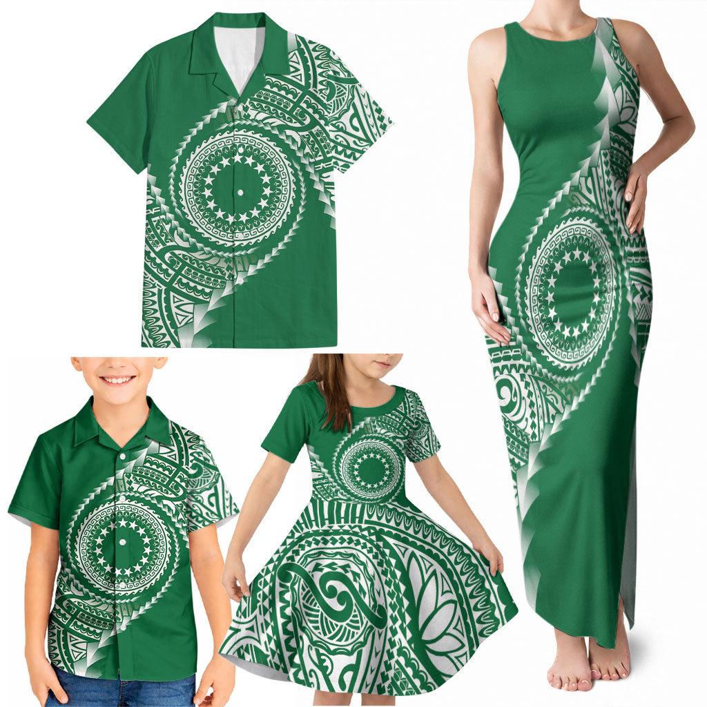 Cook Islands Gospel Day Family Matching Tank Maxi Dress and Hawaiian Shirt Green Tribal Curves