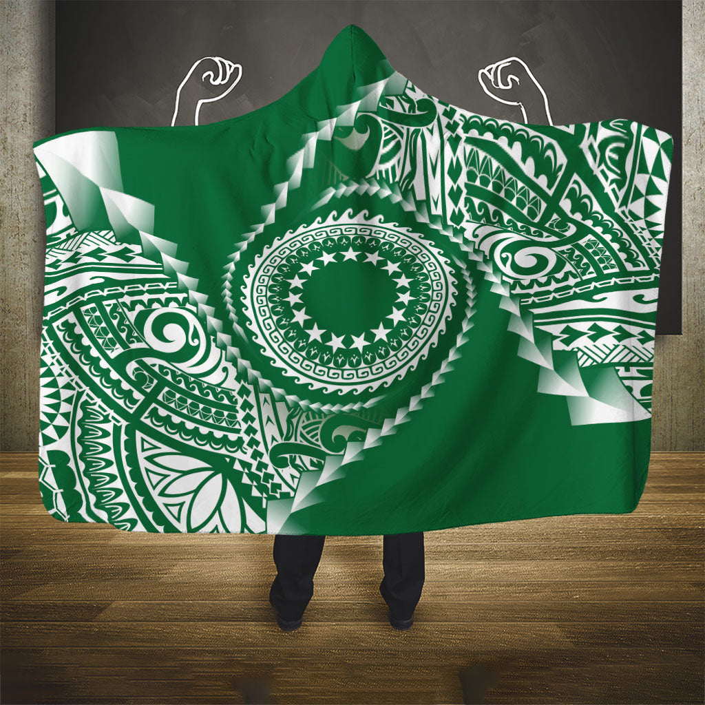Cook Islands Gospel Day Hooded Blanket Green Tribal Curves