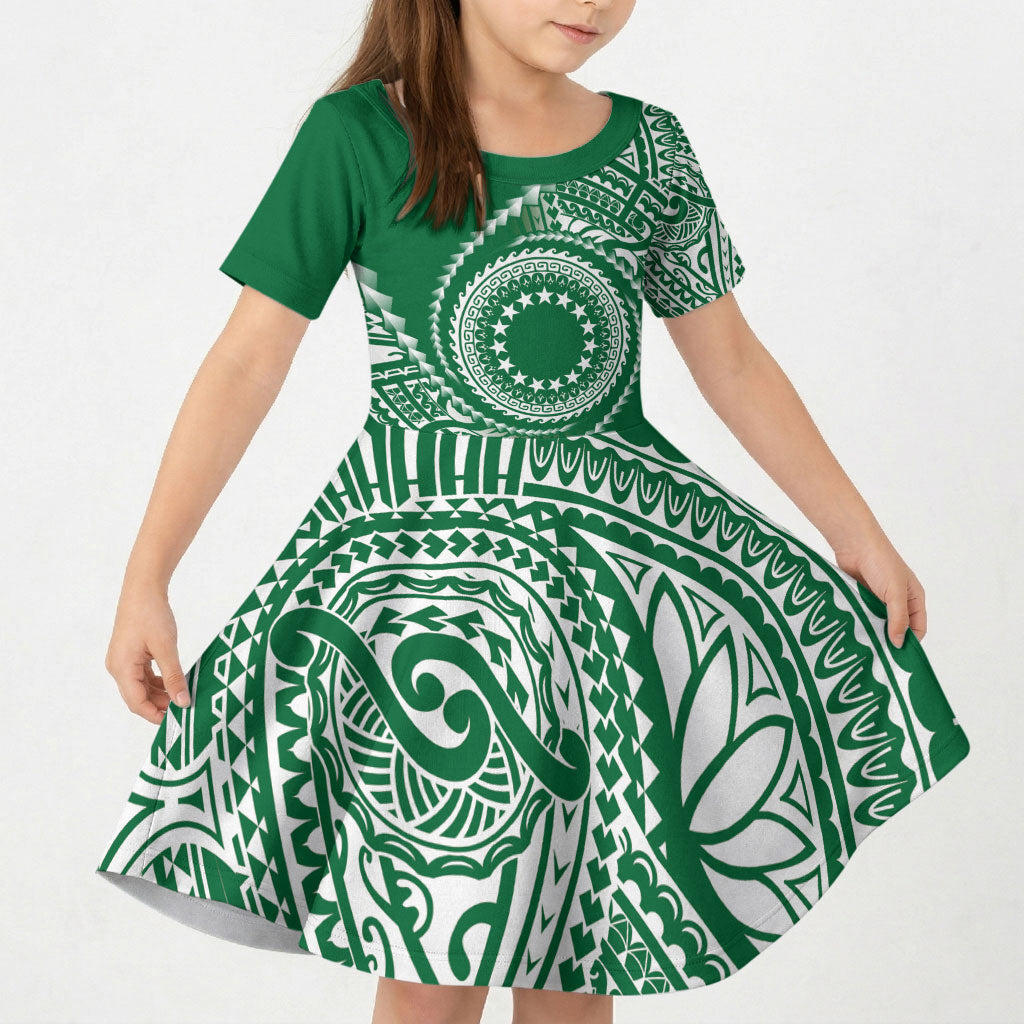 Cook Islands Gospel Day Kid Short Sleeve Dress Green Tribal Curves