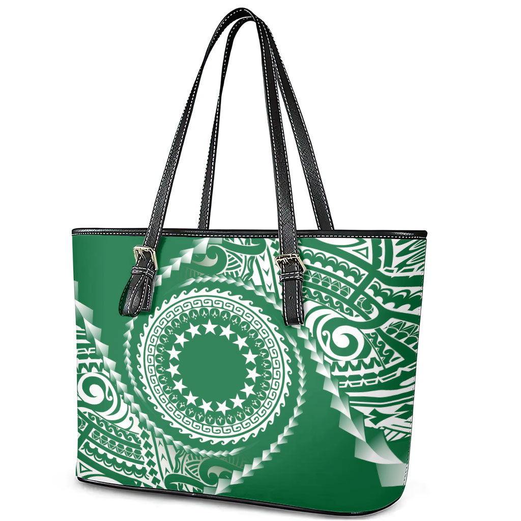 Cook Islands Gospel Day Leather Tote Bag Green Tribal Curves