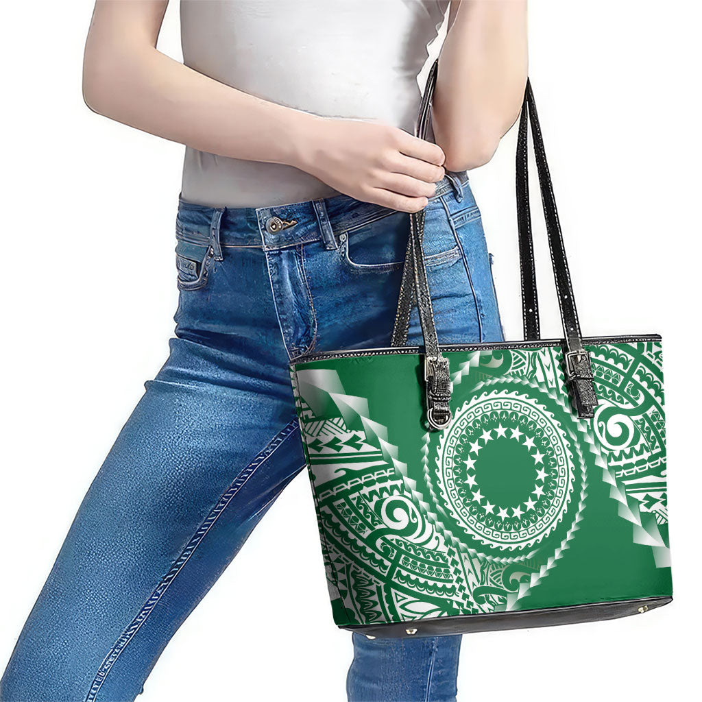 Cook Islands Gospel Day Leather Tote Bag Green Tribal Curves