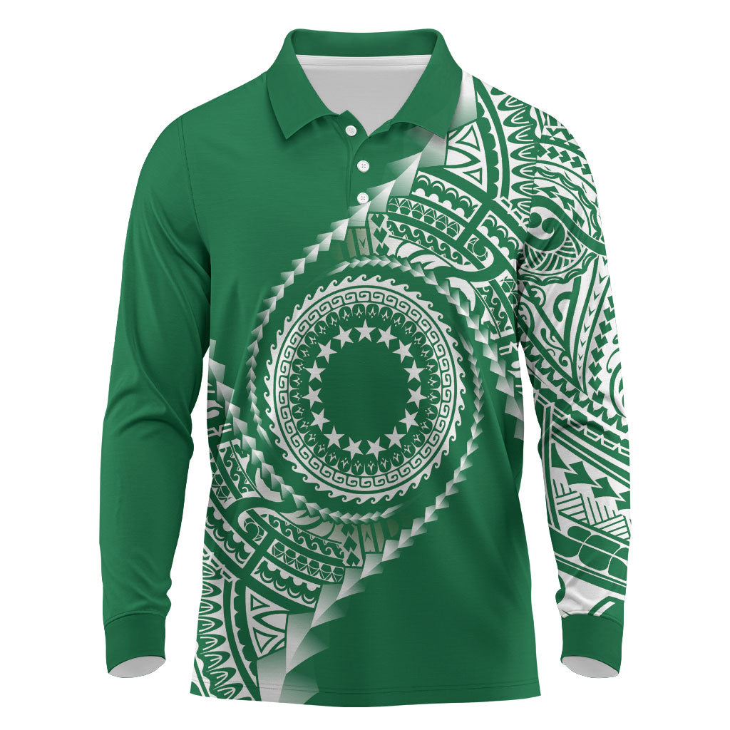 Cook Islands Gospel Day Long Sleeve Polo Shirt Green Tribal Curves