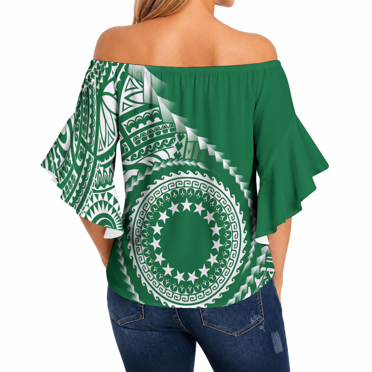 Cook Islands Gospel Day Off Shoulder Wrap Waist Top Green Tribal Curves