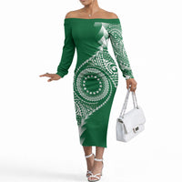 Cook Islands Gospel Day Off The Shoulder Long Sleeve Dress Green Tribal Curves