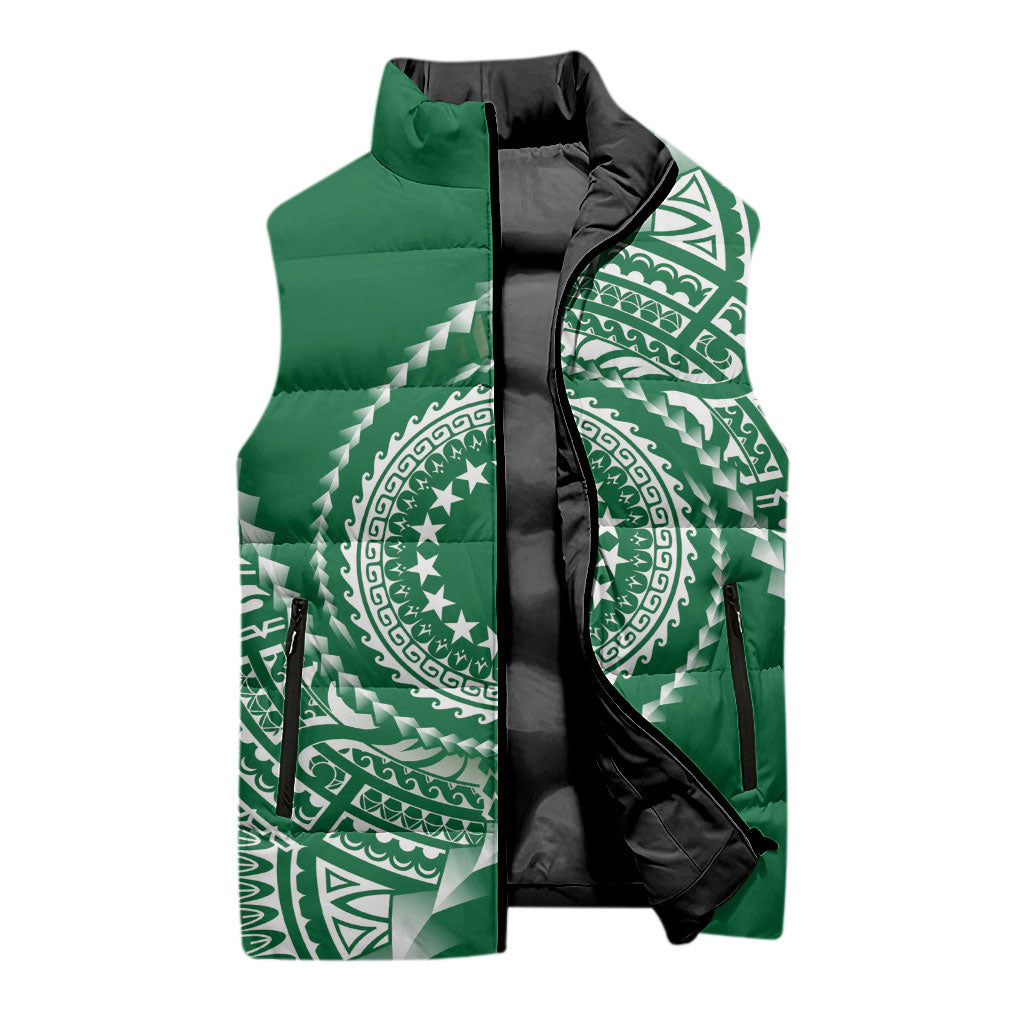 Cook Islands Gospel Day Sleeveless Puffer Jacket Green Tribal Curves