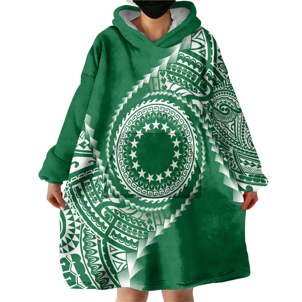 Cook Islands Gospel Day Wearable Blanket Hoodie Green Tribal Curves