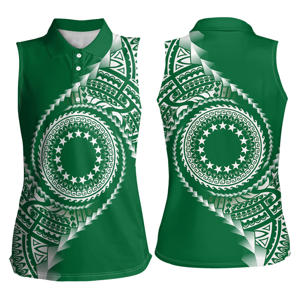Cook Islands Gospel Day Women Sleeveless Polo Shirt Green Tribal Curves