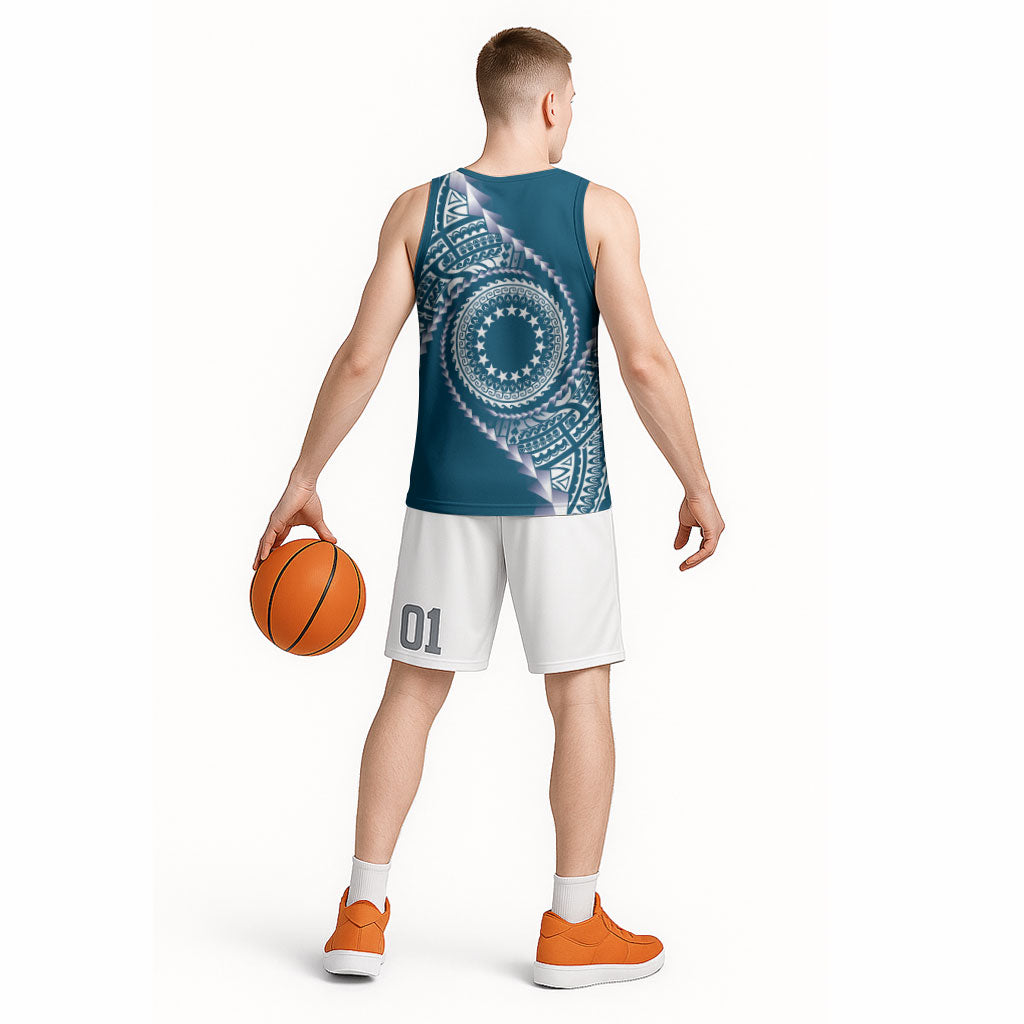 Cook Islands Gospel Day Basketball Jersey Blue Tribal Curves