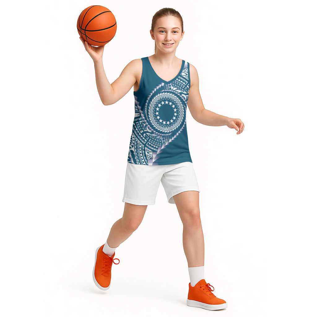 Cook Islands Gospel Day Basketball Jersey Blue Tribal Curves