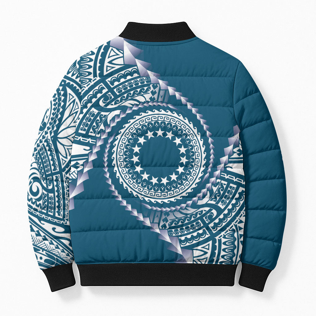 Cook Islands Gospel Day Bomber Puffer Jacket Blue Tribal Curves