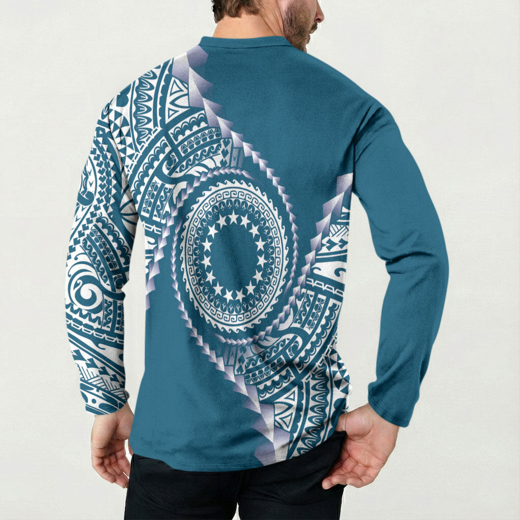 Cook Islands Gospel Day Button Sweatshirt Blue Tribal Curves