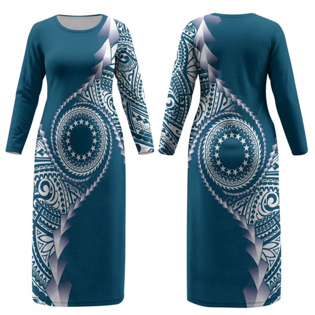 Cook Islands Gospel Day Couples Matching Long Sleeve Bodycon Dress and Long Sleeve Button Shirt Blue Tribal Curves
