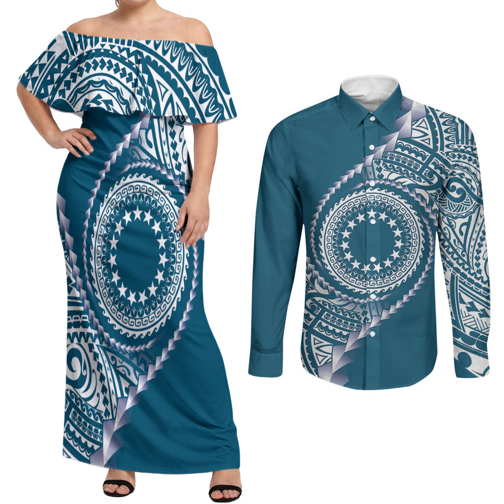 Cook Islands Gospel Day Couples Matching Off Shoulder Maxi Dress and Long Sleeve Button Shirt Blue Tribal Curves