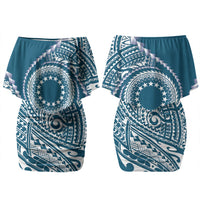 Cook Islands Gospel Day Couples Matching Off Shoulder Short Dress and Hawaiian Shirt Blue Tribal Curves