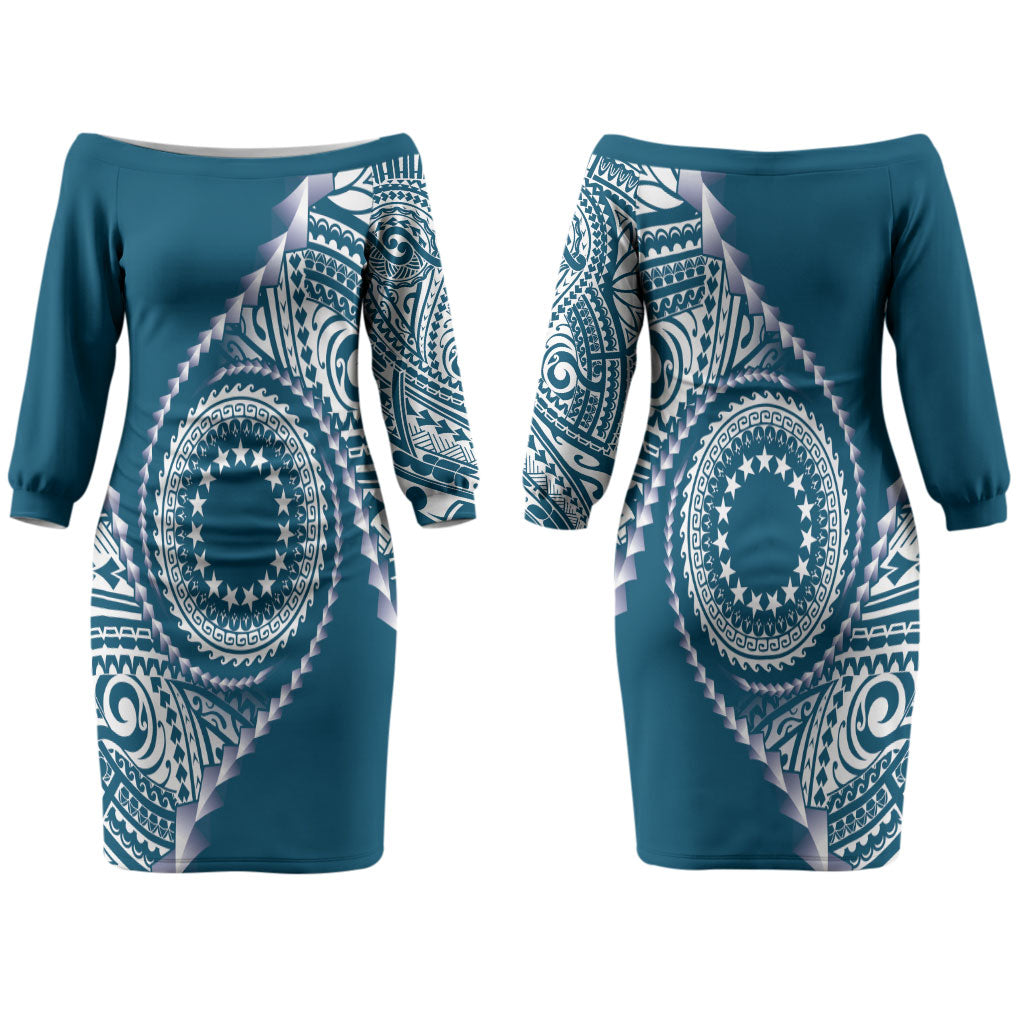 Cook Islands Gospel Day Couples Matching Off The Shoulder Long Sleeve Dress and Long Sleeve Button Shirt Blue Tribal Curves