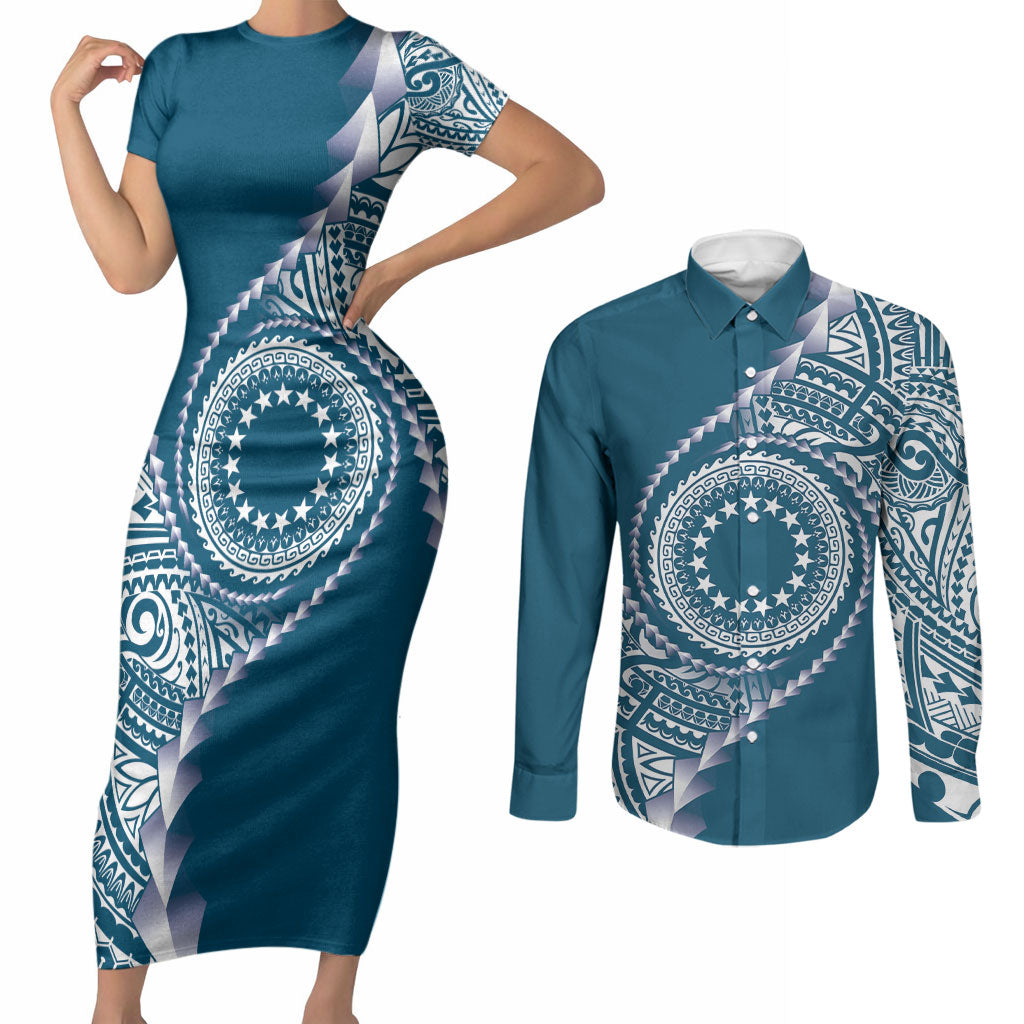 Cook Islands Gospel Day Couples Matching Short Sleeve Bodycon Dress and Long Sleeve Button Shirt Blue Tribal Curves