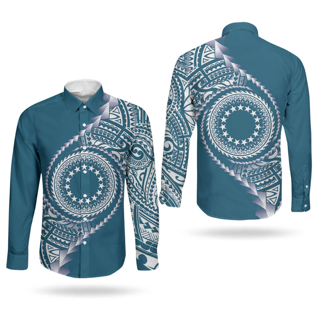 Cook Islands Gospel Day Couples Matching Short Sleeve Bodycon Dress and Long Sleeve Button Shirt Blue Tribal Curves