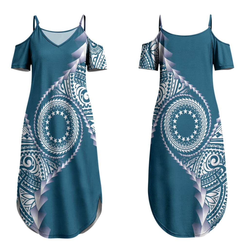 Cook Islands Gospel Day Couples Matching Summer Maxi Dress and Hawaiian Shirt Blue Tribal Curves