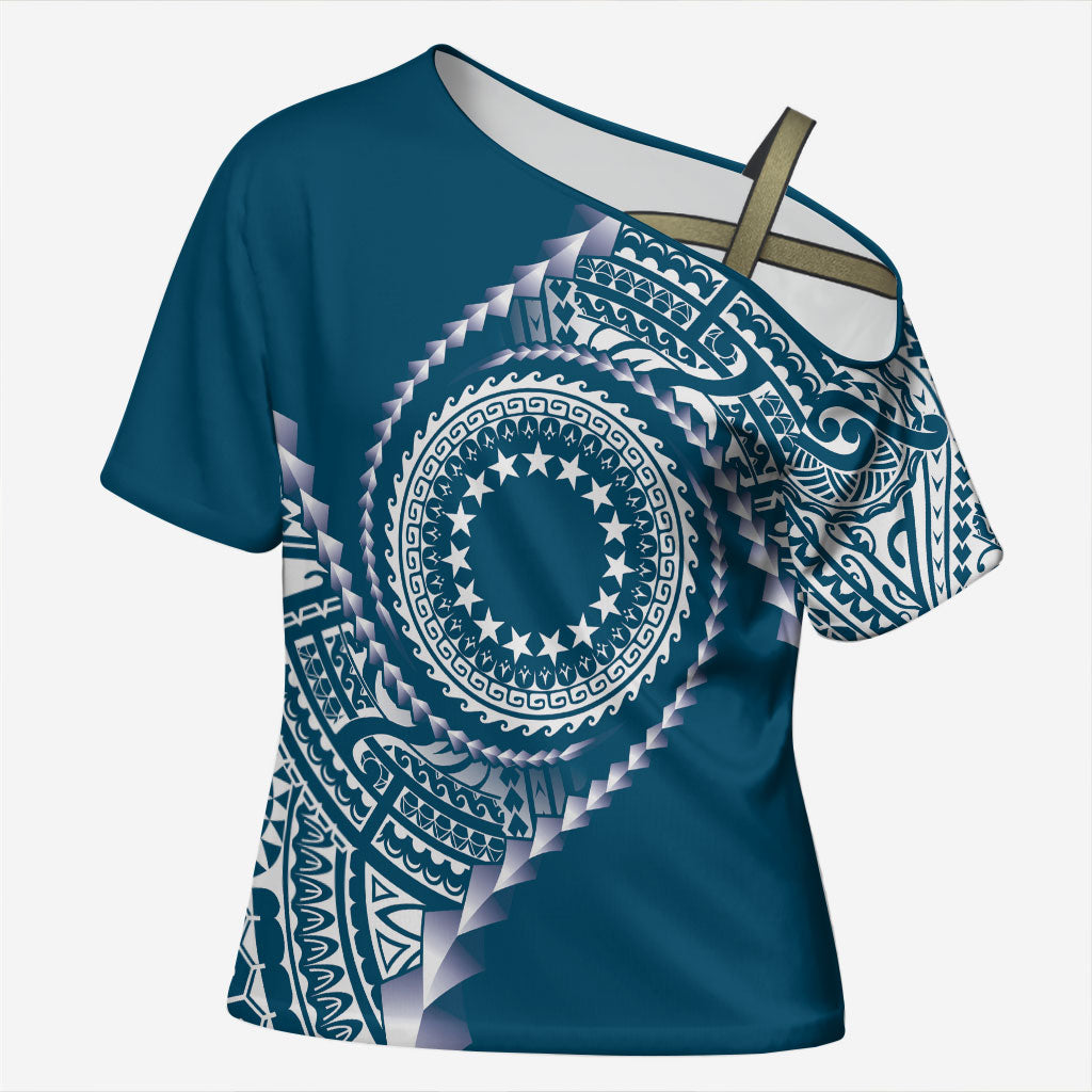 Cook Islands Gospel Day Cross Shoulder Shirt Blue Tribal Curves