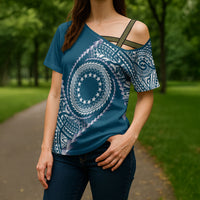 Cook Islands Gospel Day Cross Shoulder Shirt Blue Tribal Curves