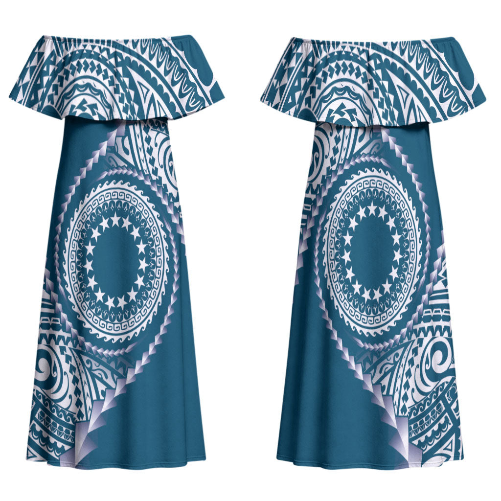 Cook Islands Gospel Day Family Matching Off Shoulder Maxi Dress and Hawaiian Shirt Blue Tribal Curves