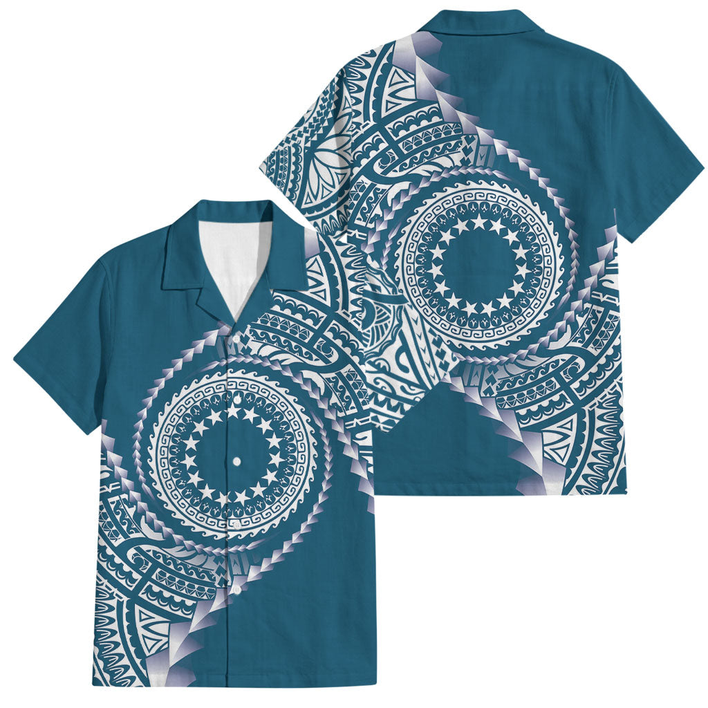 Cook Islands Gospel Day Family Matching Off Shoulder Short Dress and Hawaiian Shirt Blue Tribal Curves