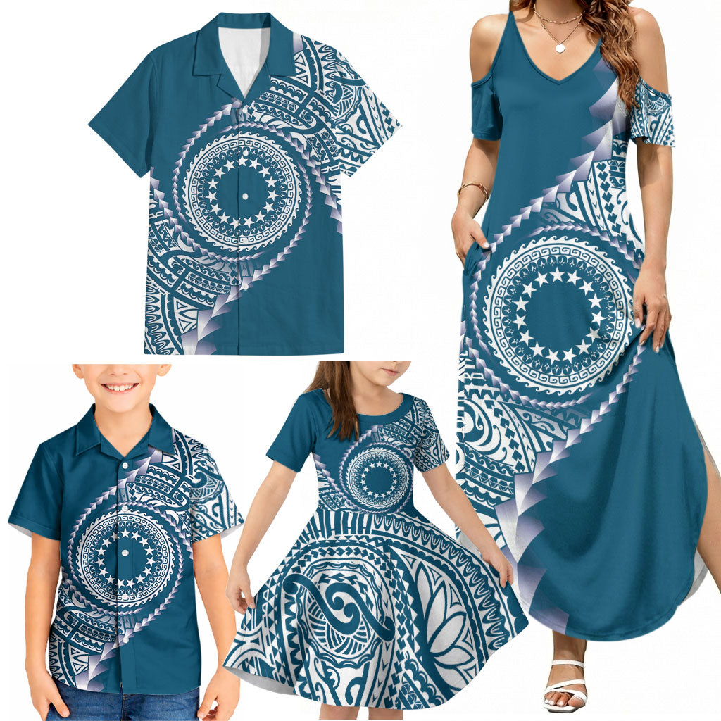 Cook Islands Gospel Day Family Matching Summer Maxi Dress and Hawaiian Shirt Blue Tribal Curves