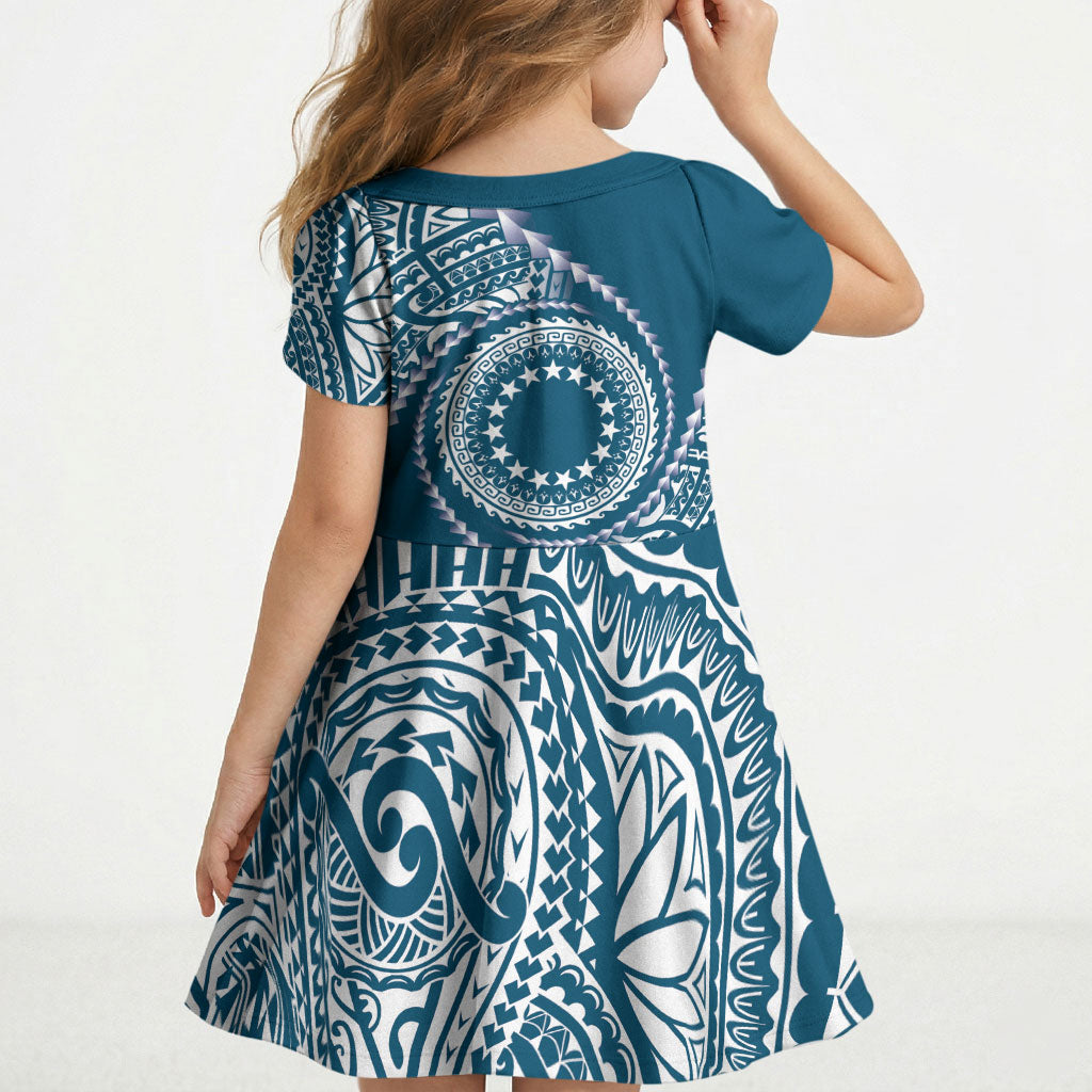 Cook Islands Gospel Day Kid Short Sleeve Dress Blue Tribal Curves