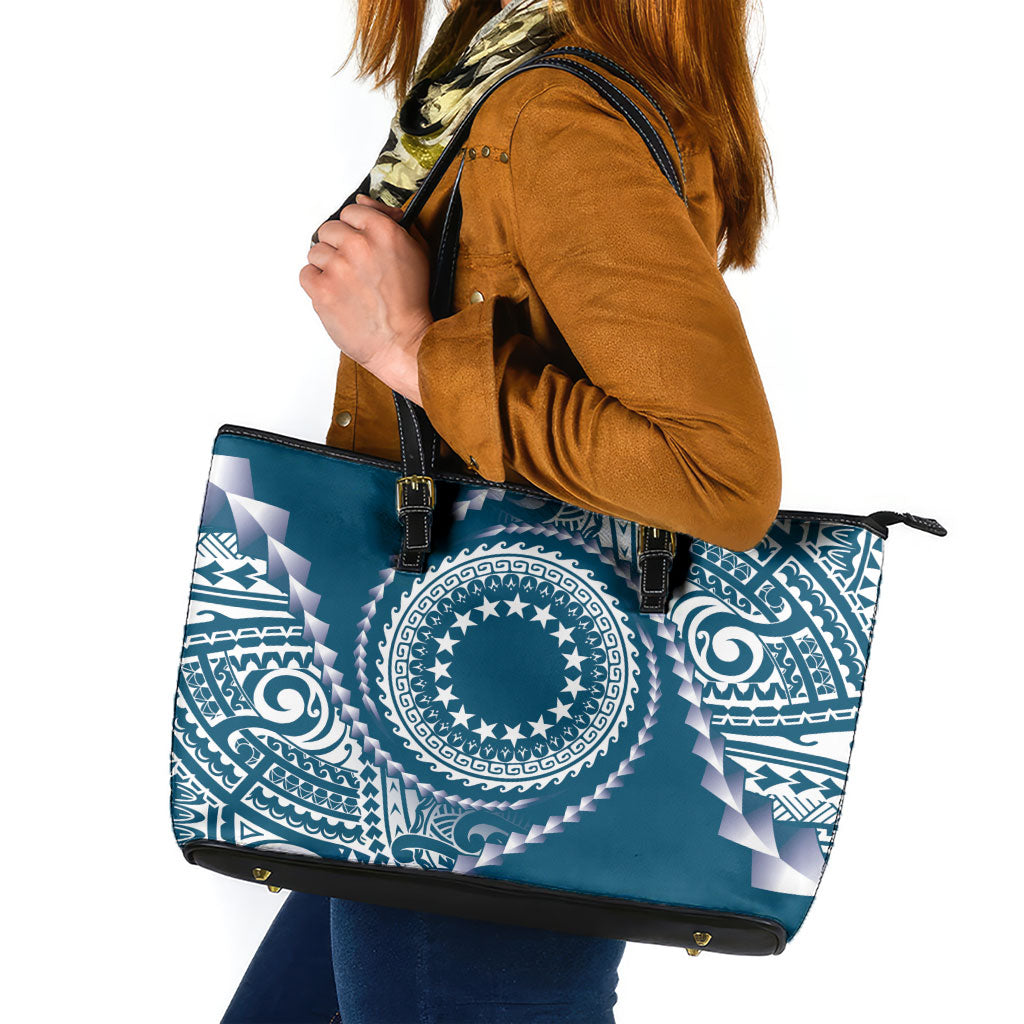 Cook Islands Gospel Day Leather Tote Bag Blue Tribal Curves