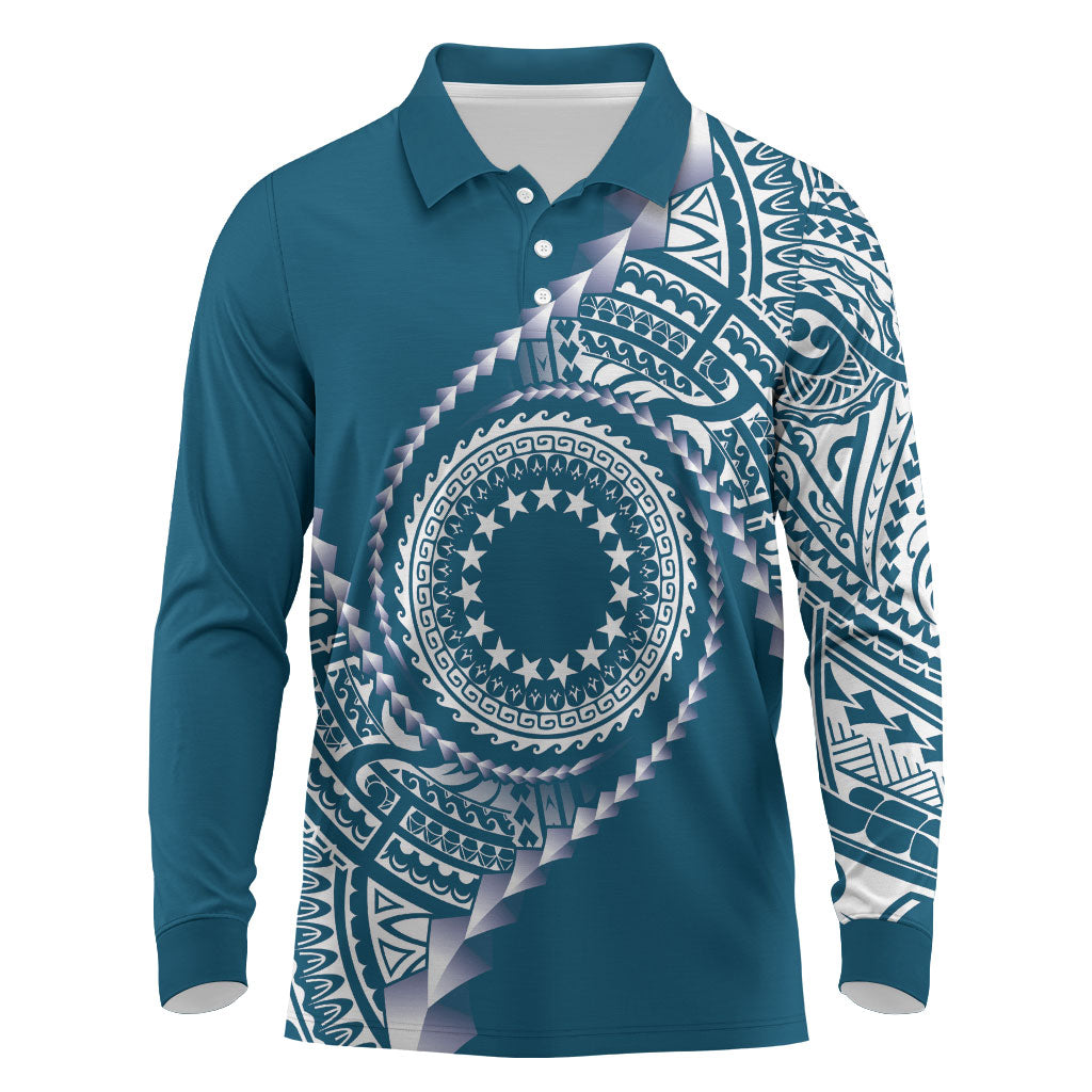 Cook Islands Gospel Day Long Sleeve Polo Shirt Blue Tribal Curves