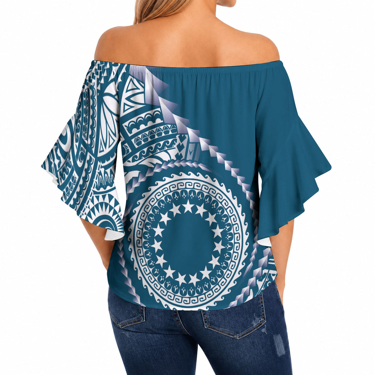 Cook Islands Gospel Day Off Shoulder Wrap Waist Top Blue Tribal Curves