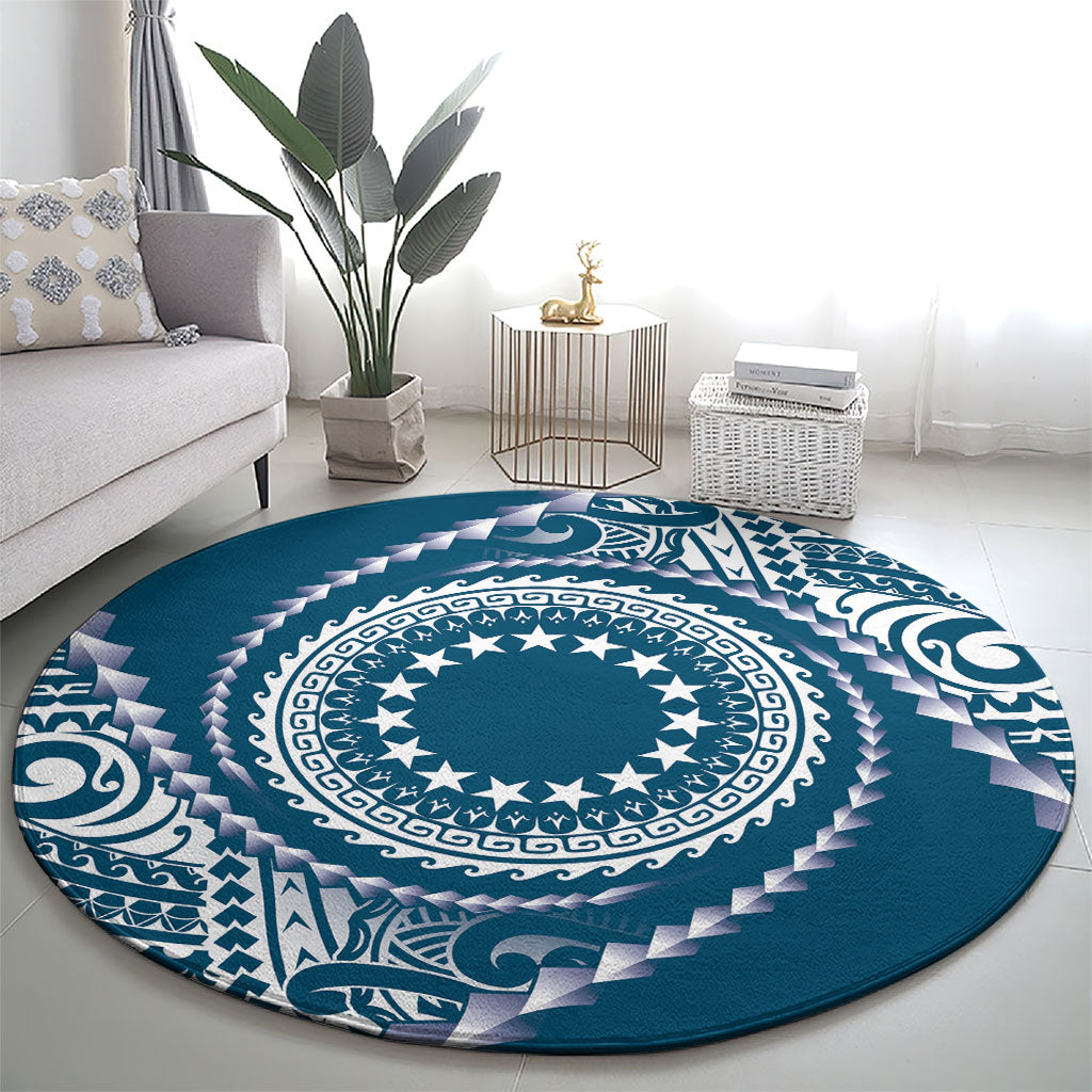 Cook Islands Gospel Day Round Carpet Blue Tribal Curves