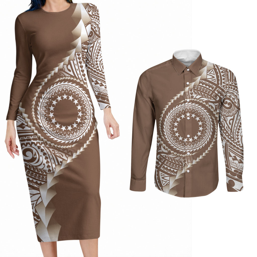 Cook Islands Gospel Day Couples Matching Long Sleeve Bodycon Dress and Long Sleeve Button Shirt Brown Tribal Curves