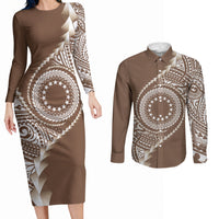 Cook Islands Gospel Day Couples Matching Long Sleeve Bodycon Dress and Long Sleeve Button Shirt Brown Tribal Curves
