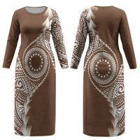 Cook Islands Gospel Day Couples Matching Long Sleeve Bodycon Dress and Long Sleeve Button Shirt Brown Tribal Curves
