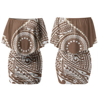 Cook Islands Gospel Day Couples Matching Off Shoulder Short Dress and Hawaiian Shirt Brown Tribal Curves