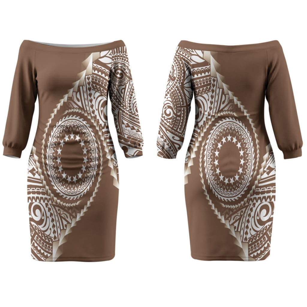 Cook Islands Gospel Day Couples Matching Off The Shoulder Long Sleeve Dress and Hawaiian Shirt Brown Tribal Curves