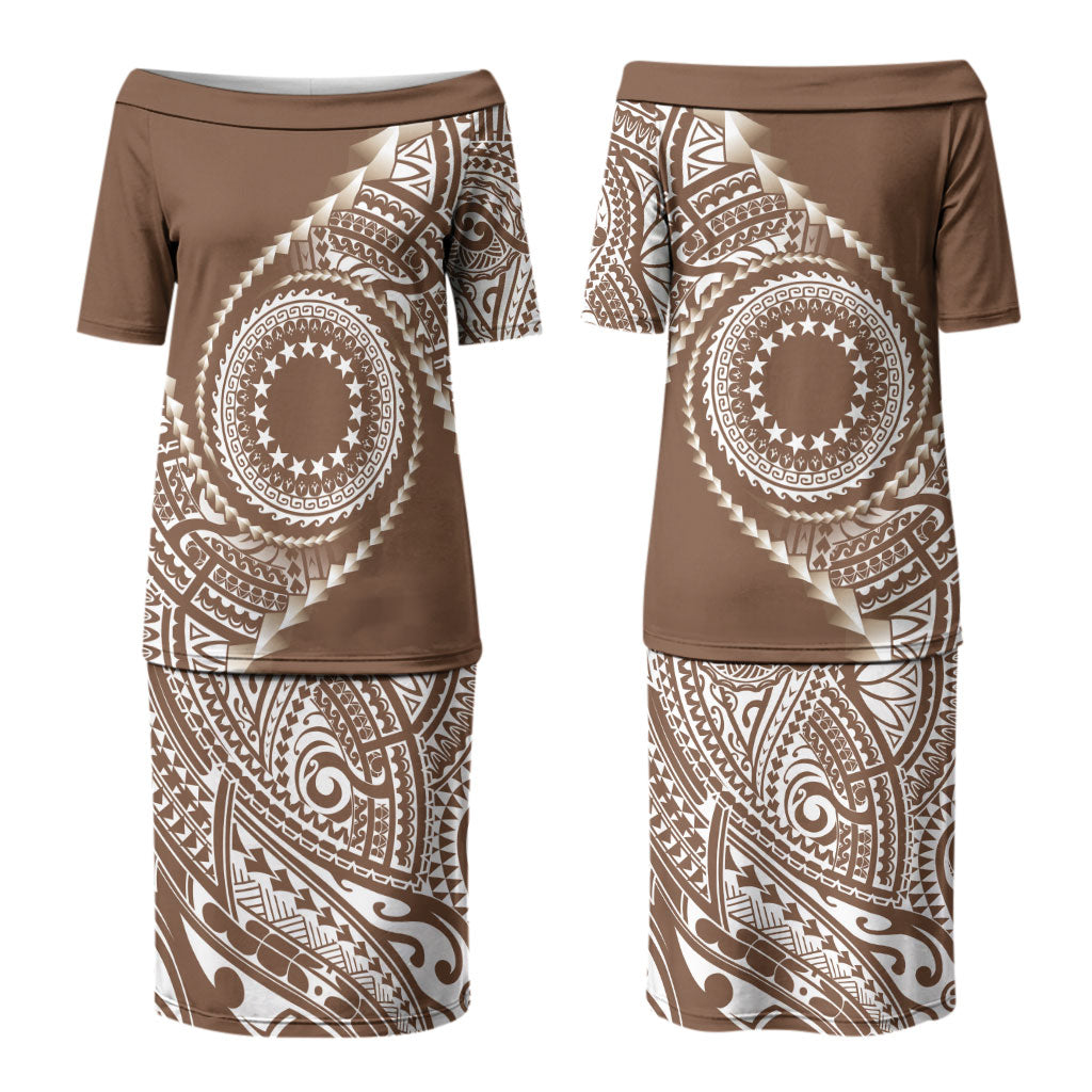 Cook Islands Gospel Day Couples Matching Puletasi and Hawaiian Shirt Brown Tribal Curves
