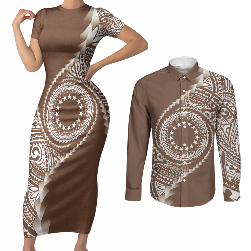 Cook Islands Gospel Day Couples Matching Short Sleeve Bodycon Dress and Long Sleeve Button Shirt Brown Tribal Curves